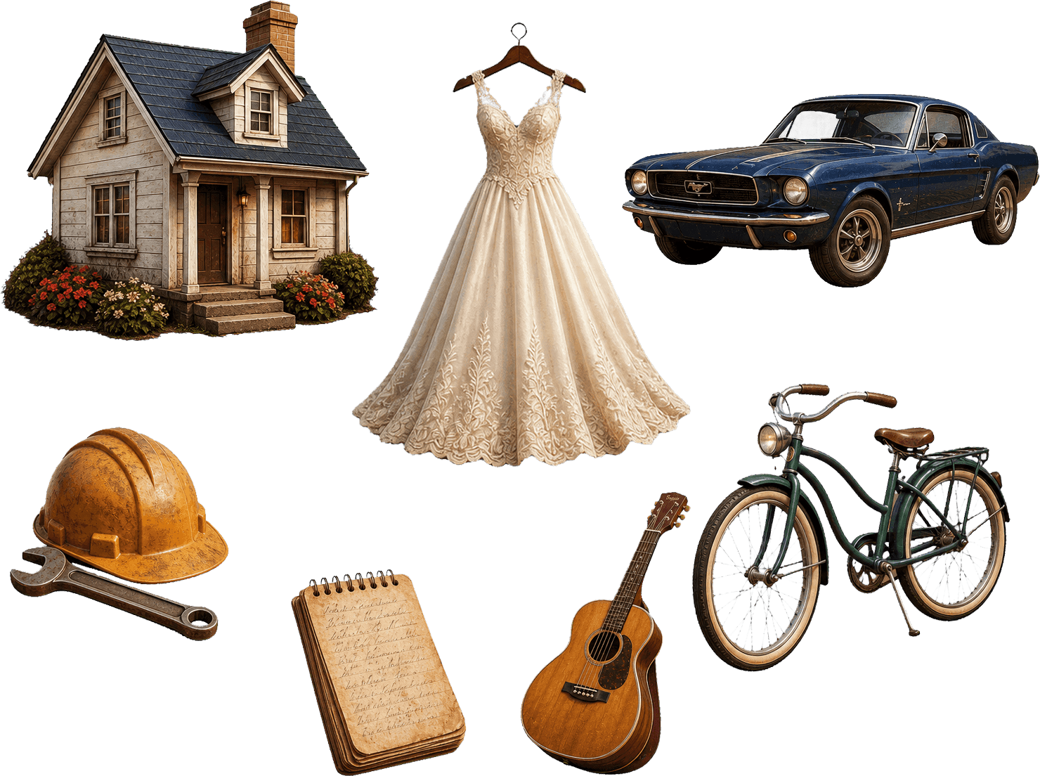 A cinematic collection of meaningful objects including a family home, wedding dress, classic car, hard hat and wrench, handwritten notes, guitar, and bicycle